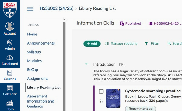 Screen shot of Canvas menu showing the Library Reading List link.